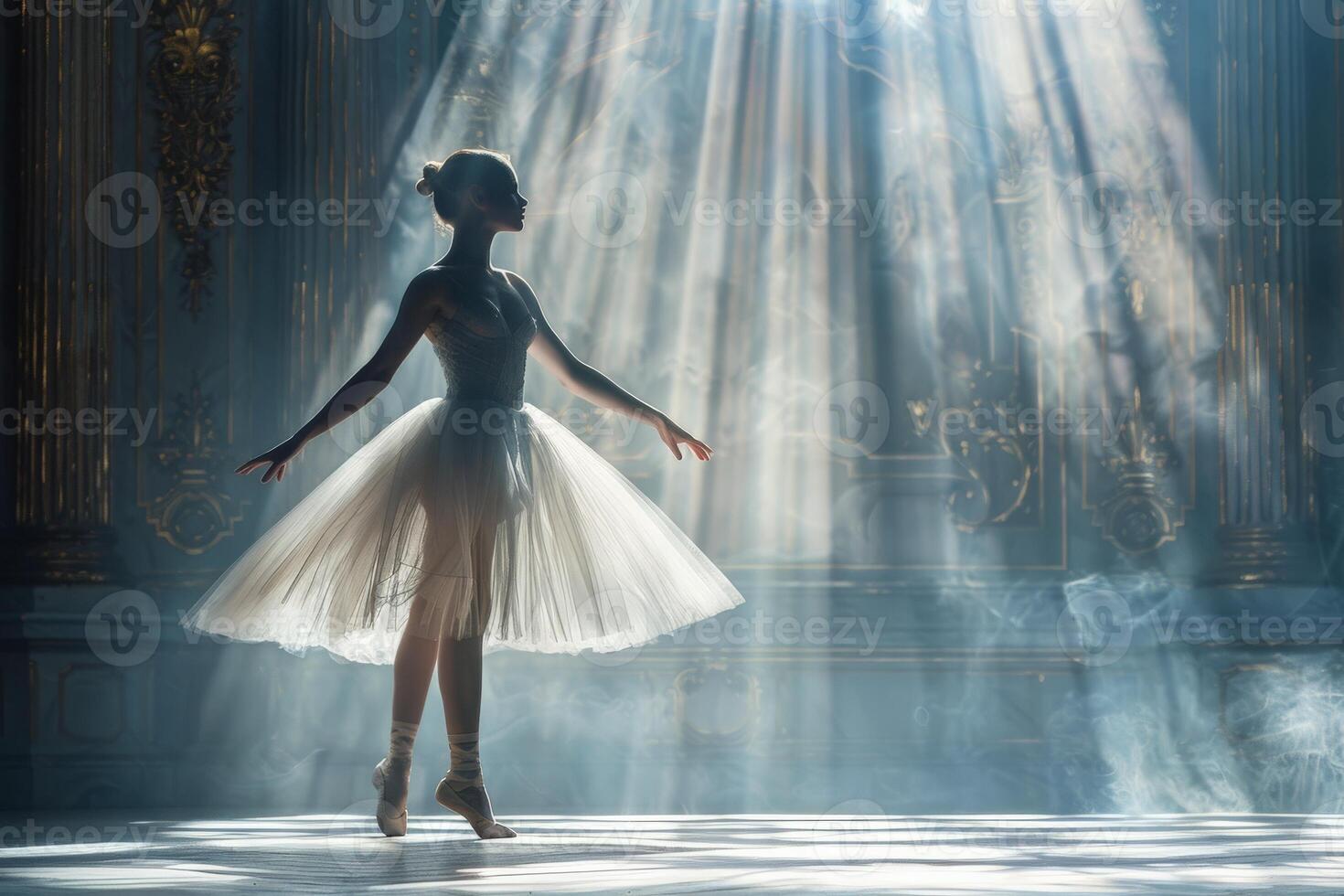 A ballerina gracefully dances in a dimly lit room, wearing a white tutu photo