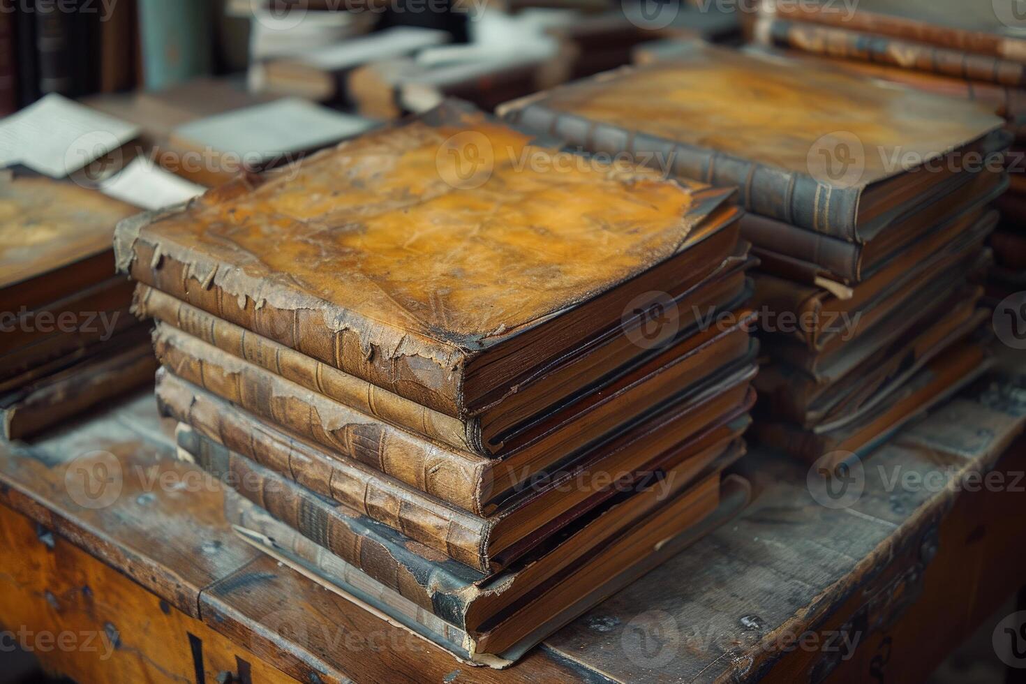 A stack of aged books is placed on a sturdy wooden table photo