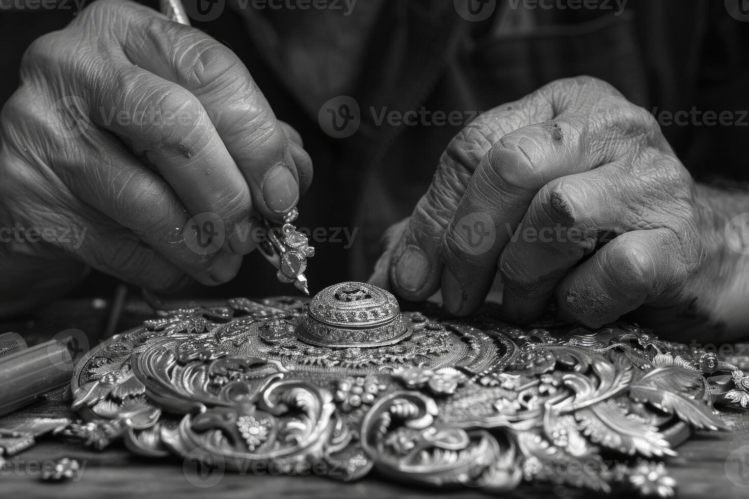 Person working on metal piece in black and white, focusing on hand and fingers photo