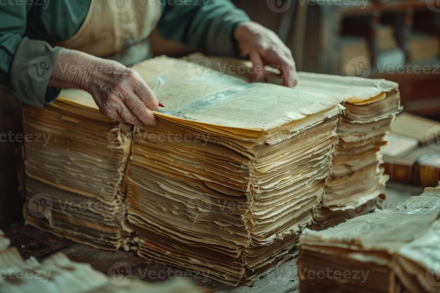 A person is focused on sorting through a tall stack of old books photo