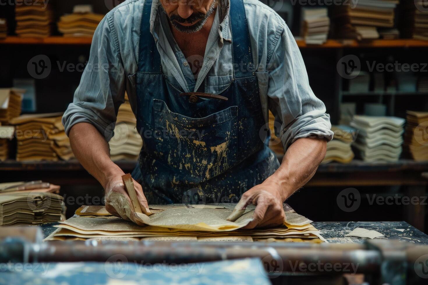 A man with an apron is focused on a paper, engaged in his work photo