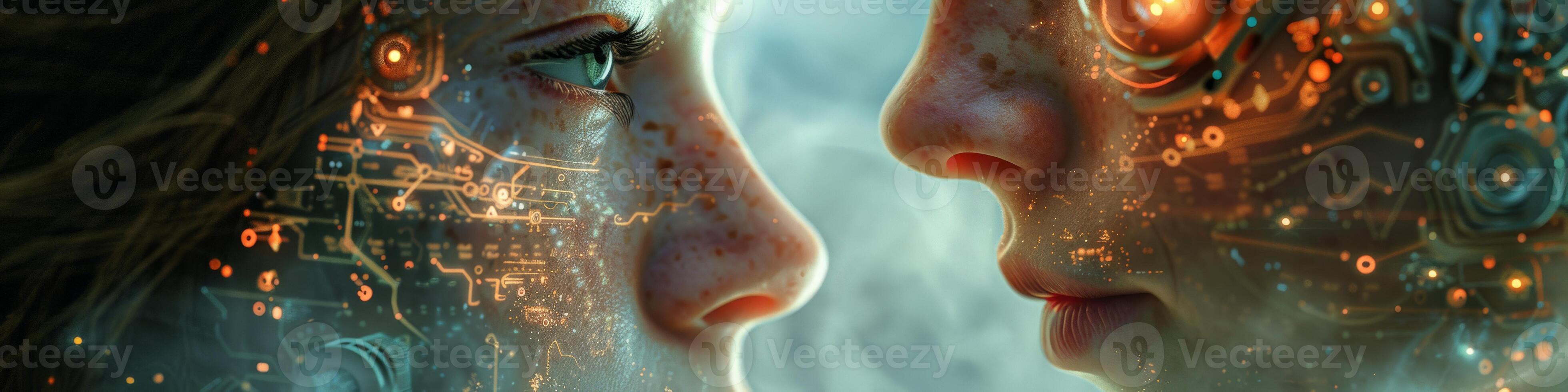 A man and a woman with a circuit board on their faces are facing each other photo