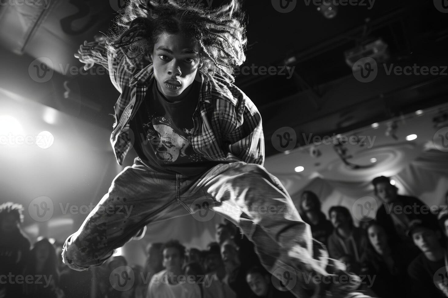 A man wearing a plaid shirt is leaping into the air photo