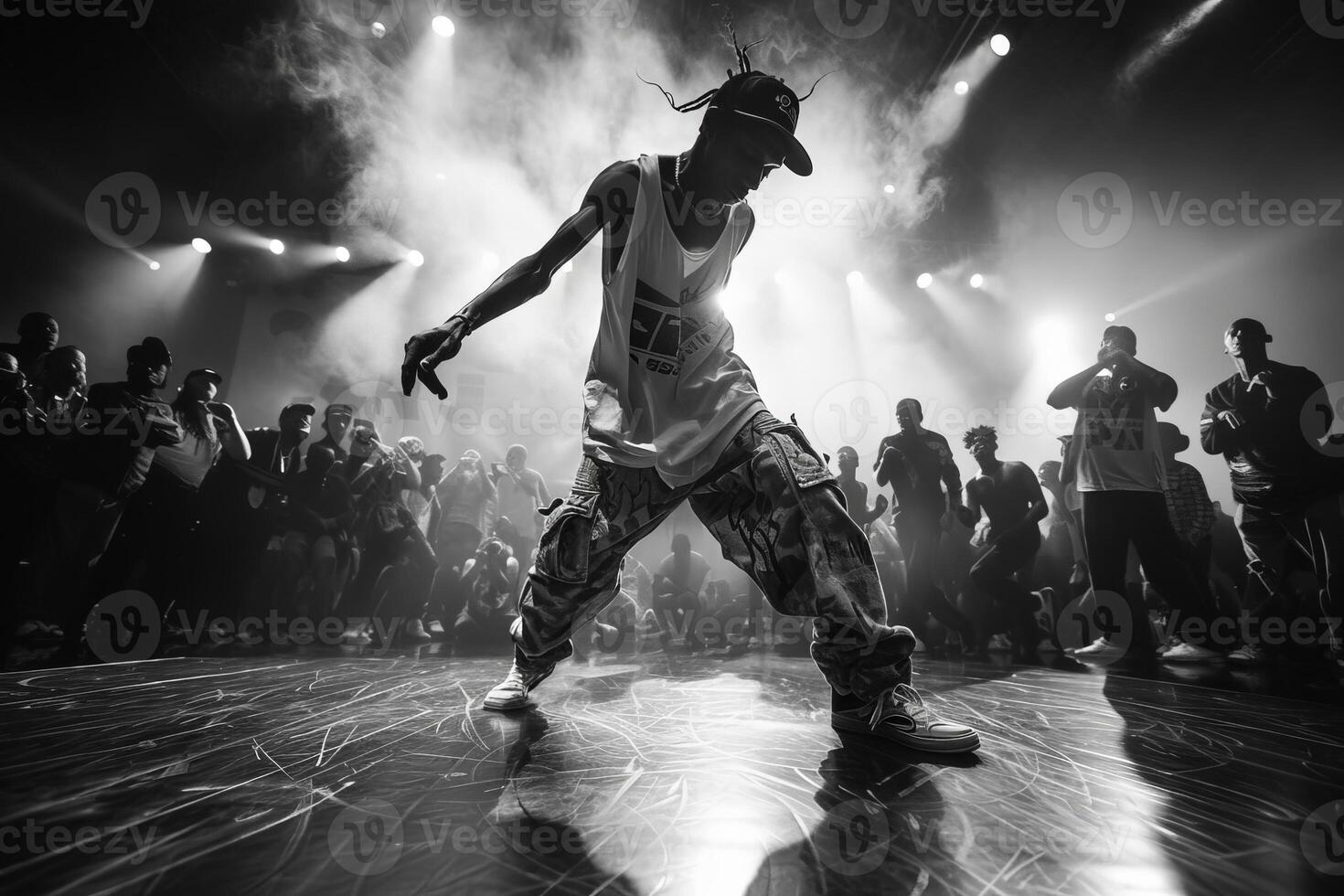 Man dancing in monochrome in front of audience at entertainment event photo