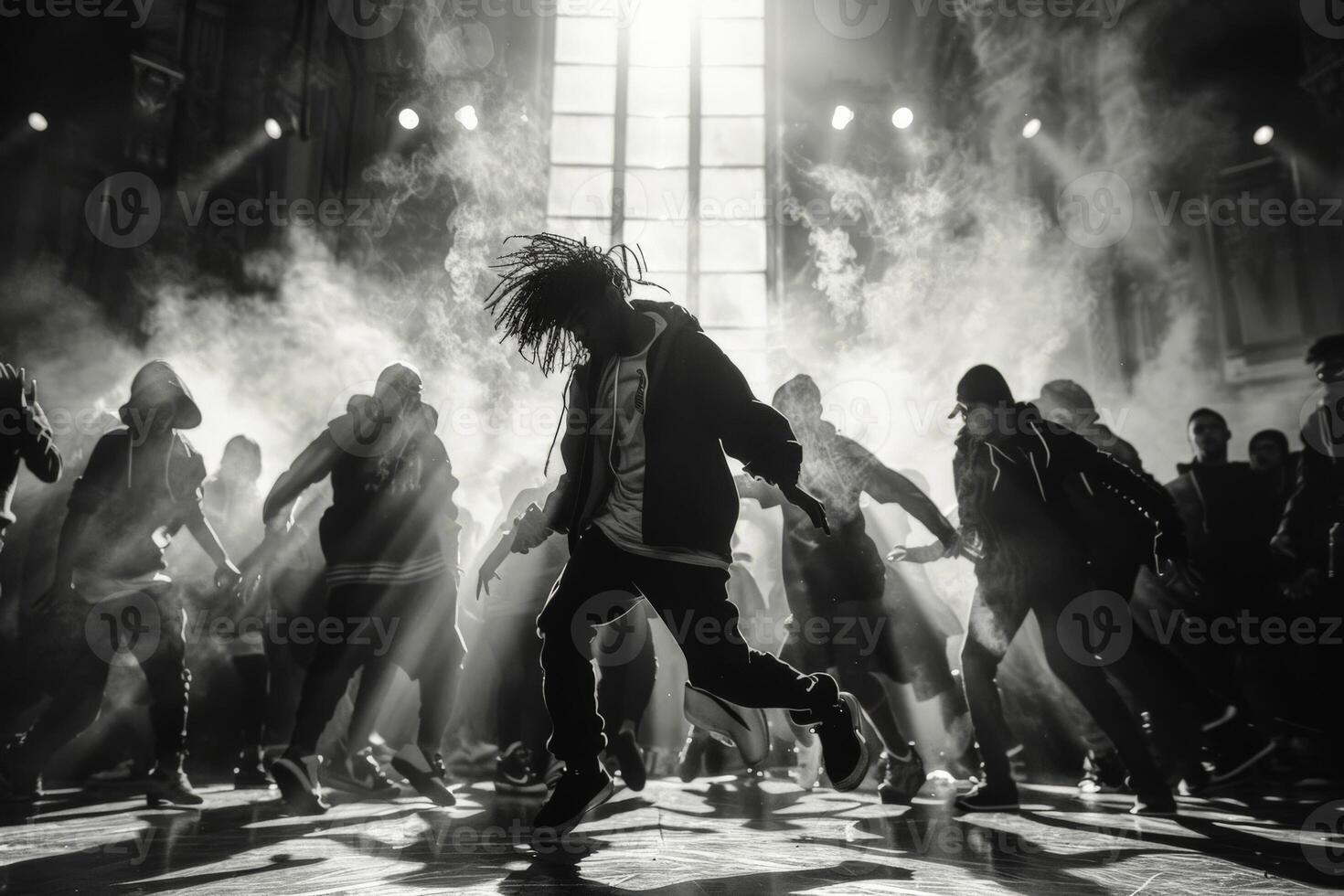 A black and white photograph showing a crowd dancing in an event photo