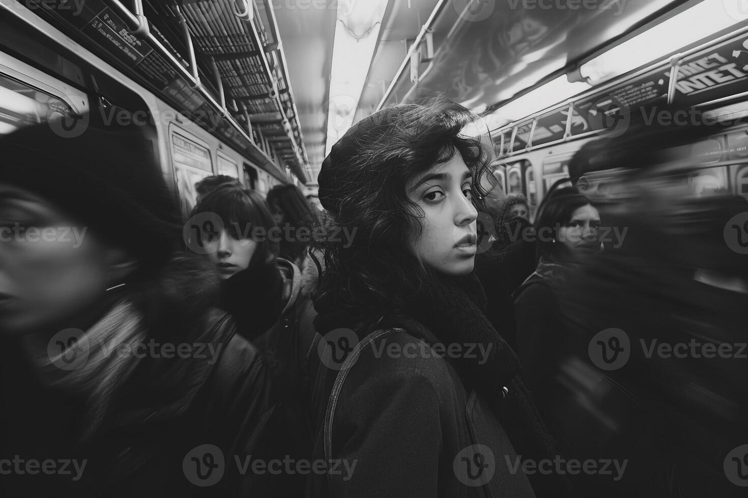 A black and white photo featuring a woman standing on a train