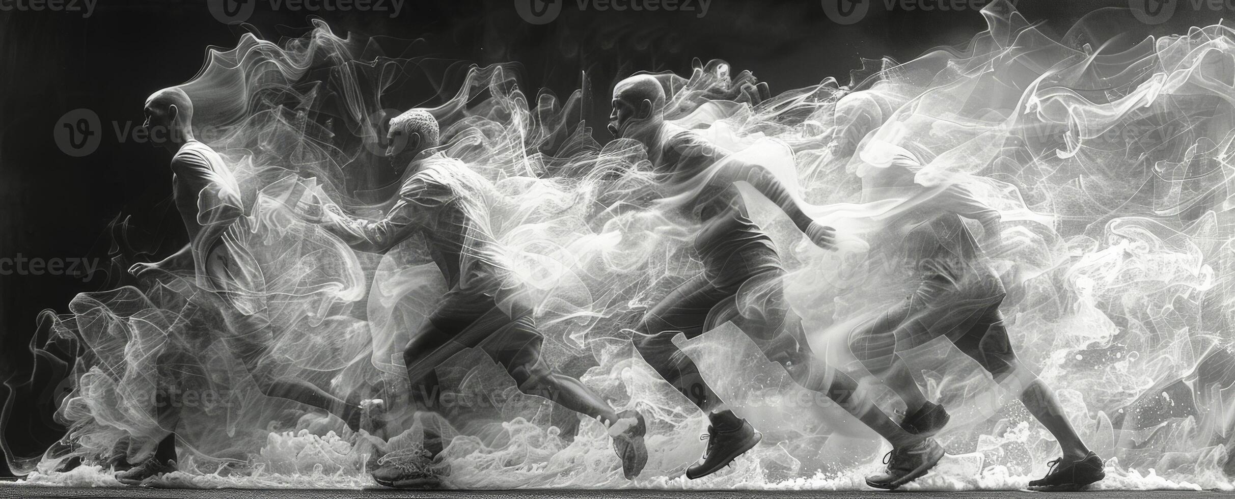 A black and white image showing individuals running in water photo