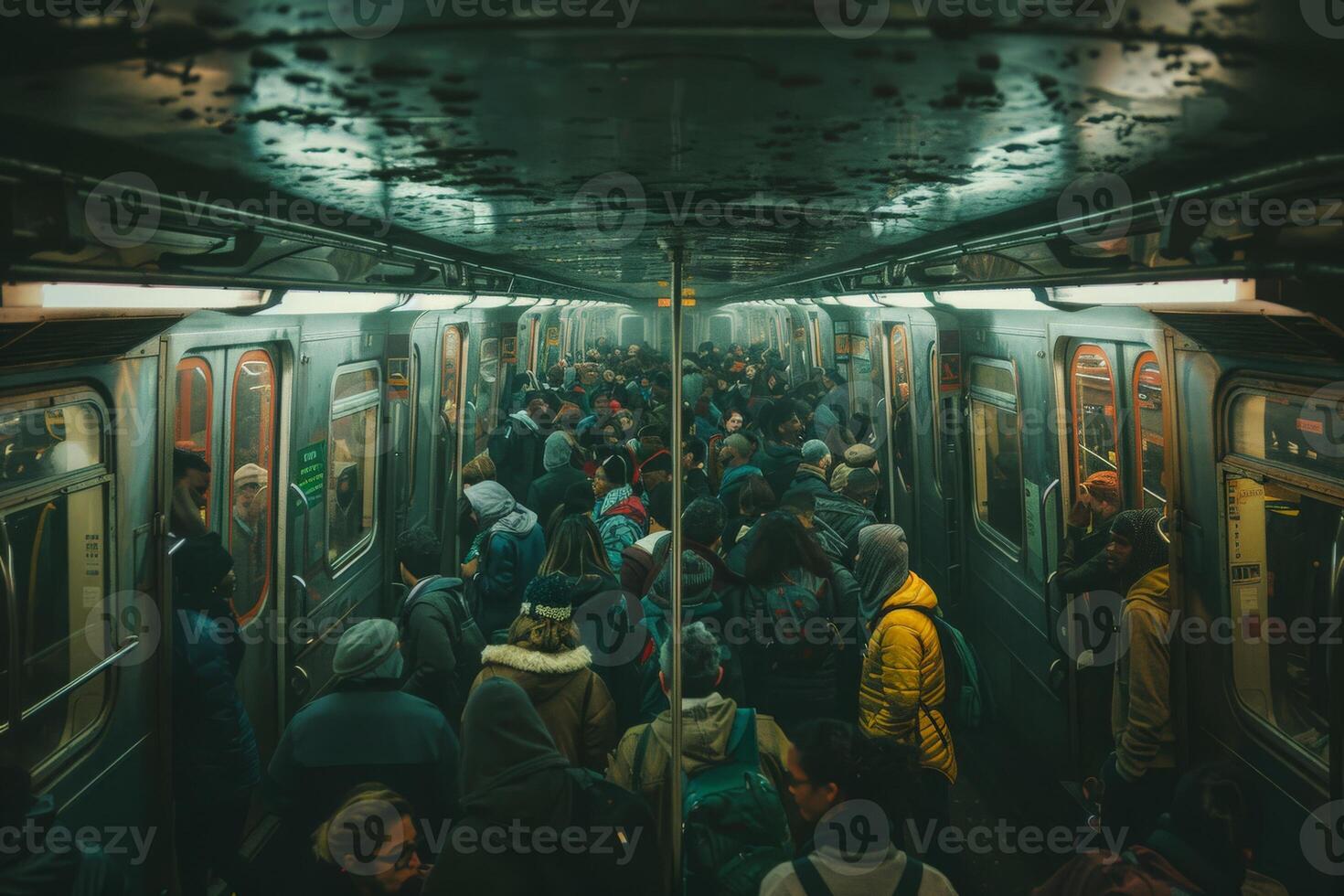 A crowd of people taking flash photos in a subway train in the city