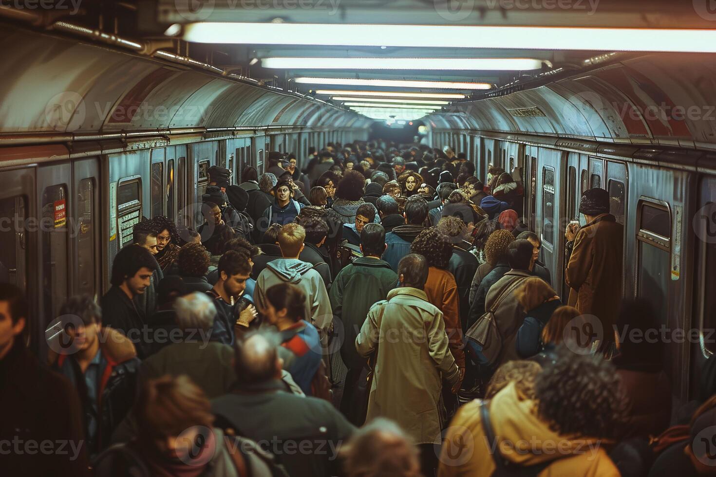 People walk in a busy subway at night, resembling a lively market photo