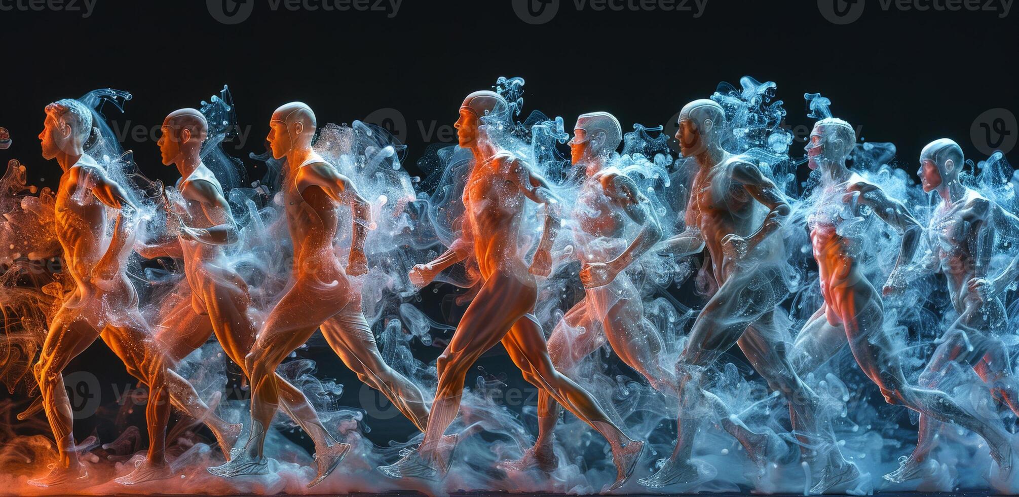 A row of men running, created from water, is part of a performance art piece photo