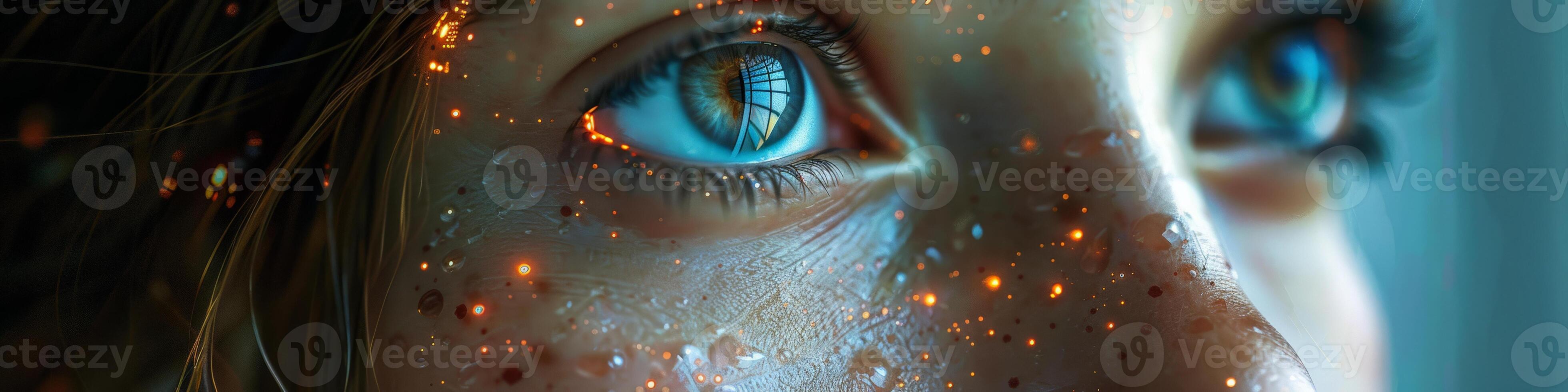 A close up of a womans blue eye with sparks emanating from it photo