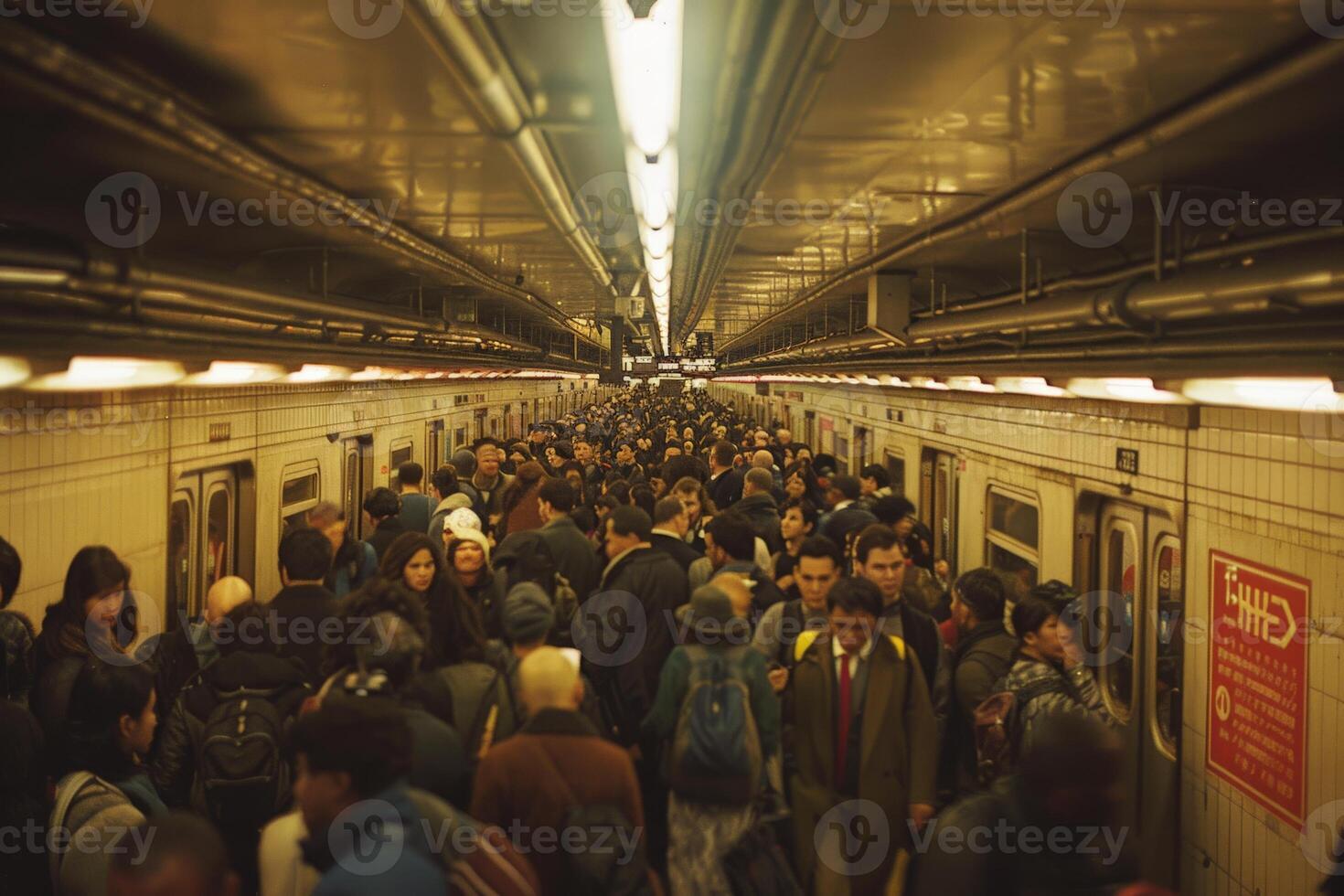 The subway station is packed with people and features an exit sign photo