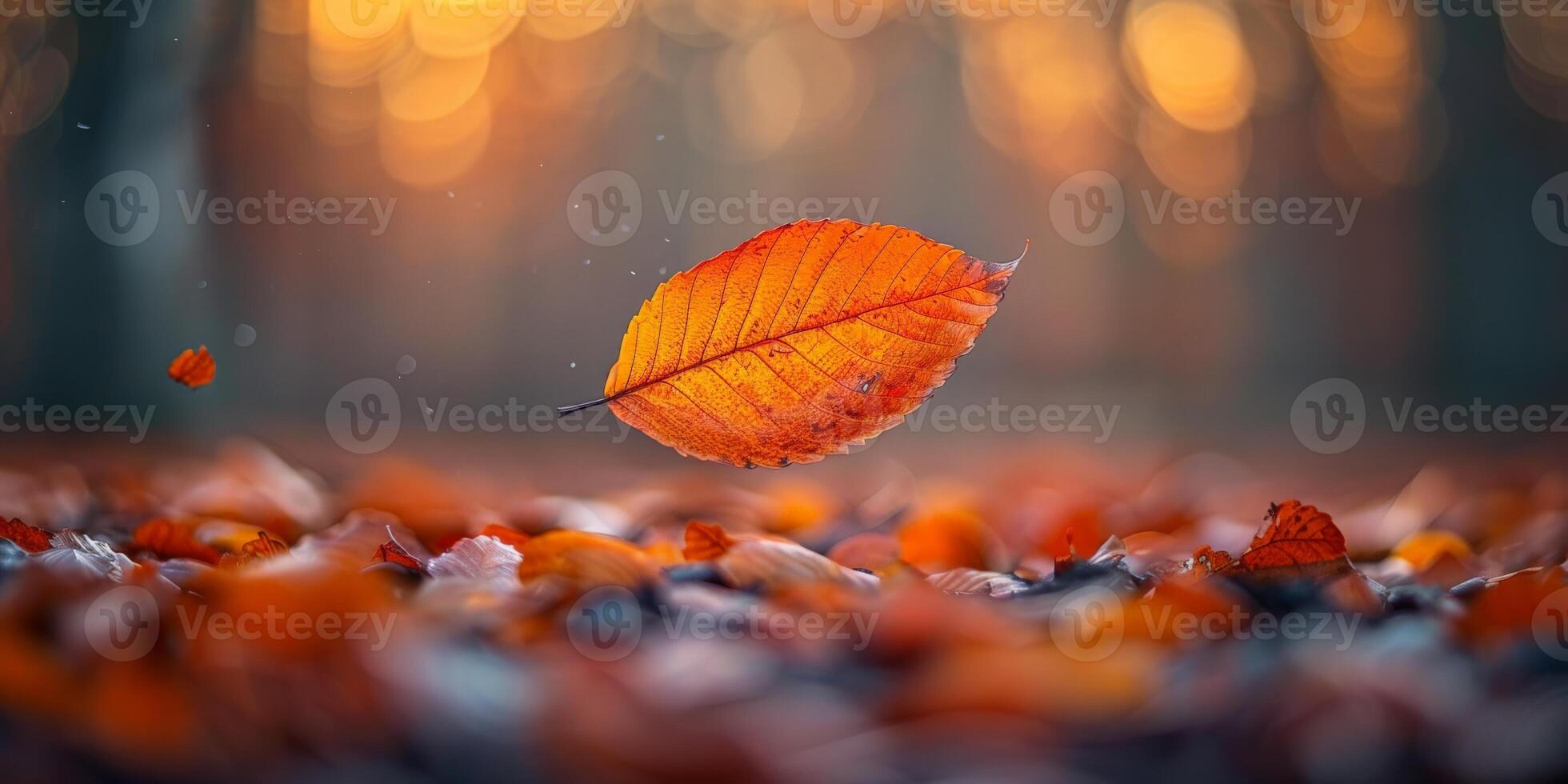 A leaf is floating in the air above a bunch of leaves photo