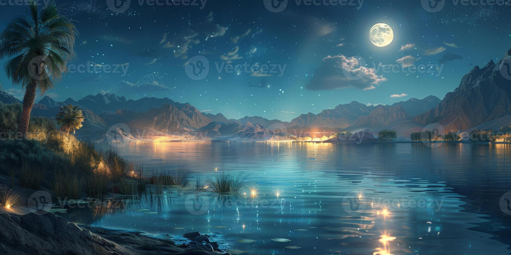 Full moon shines over lake with mountains in the background photo