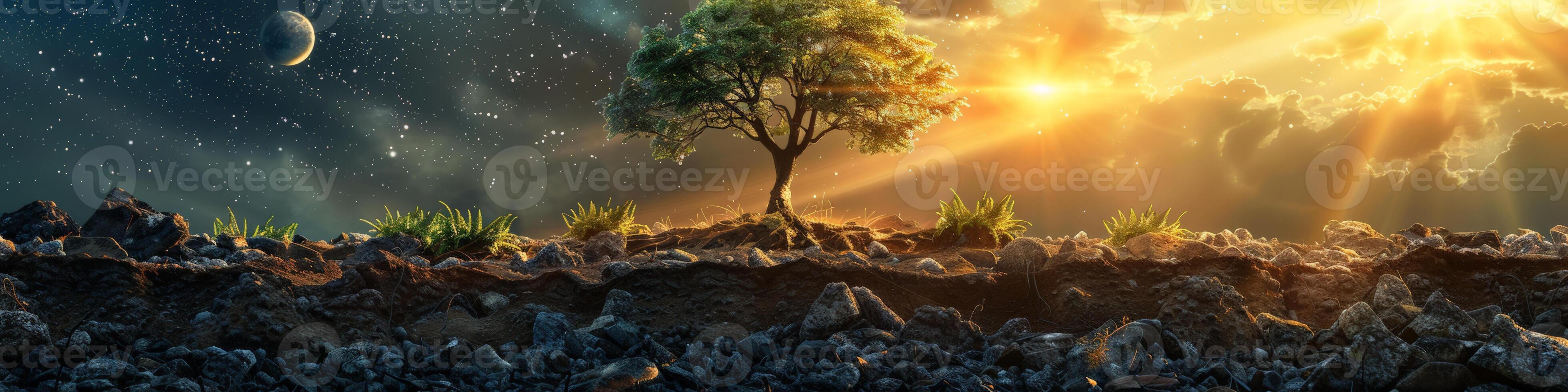 At sunset, a tree is growing from the ground, surrounded by grass photo