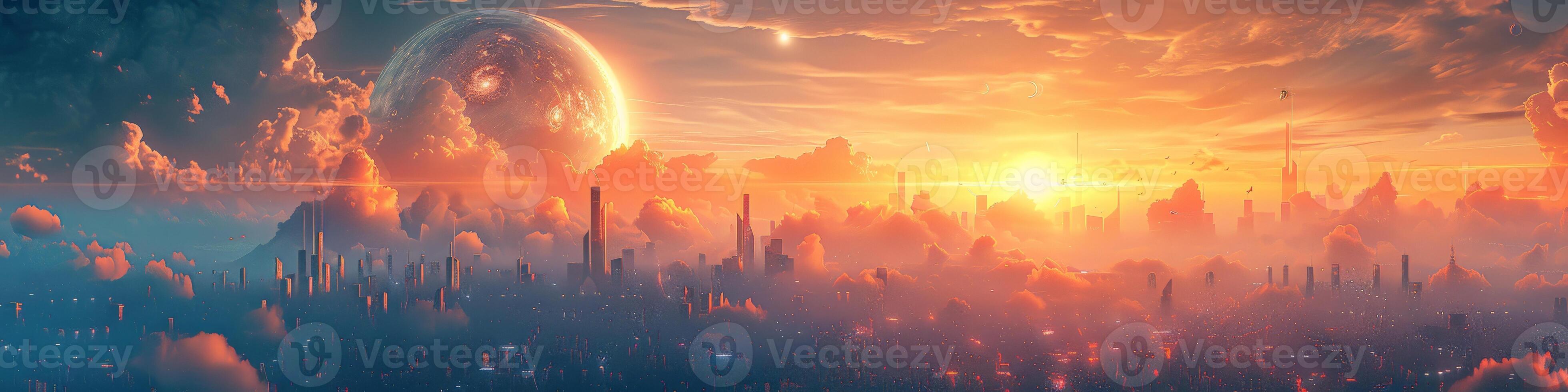 Futuristic city with a large planet in the sky, skyscrapers during sunset photo