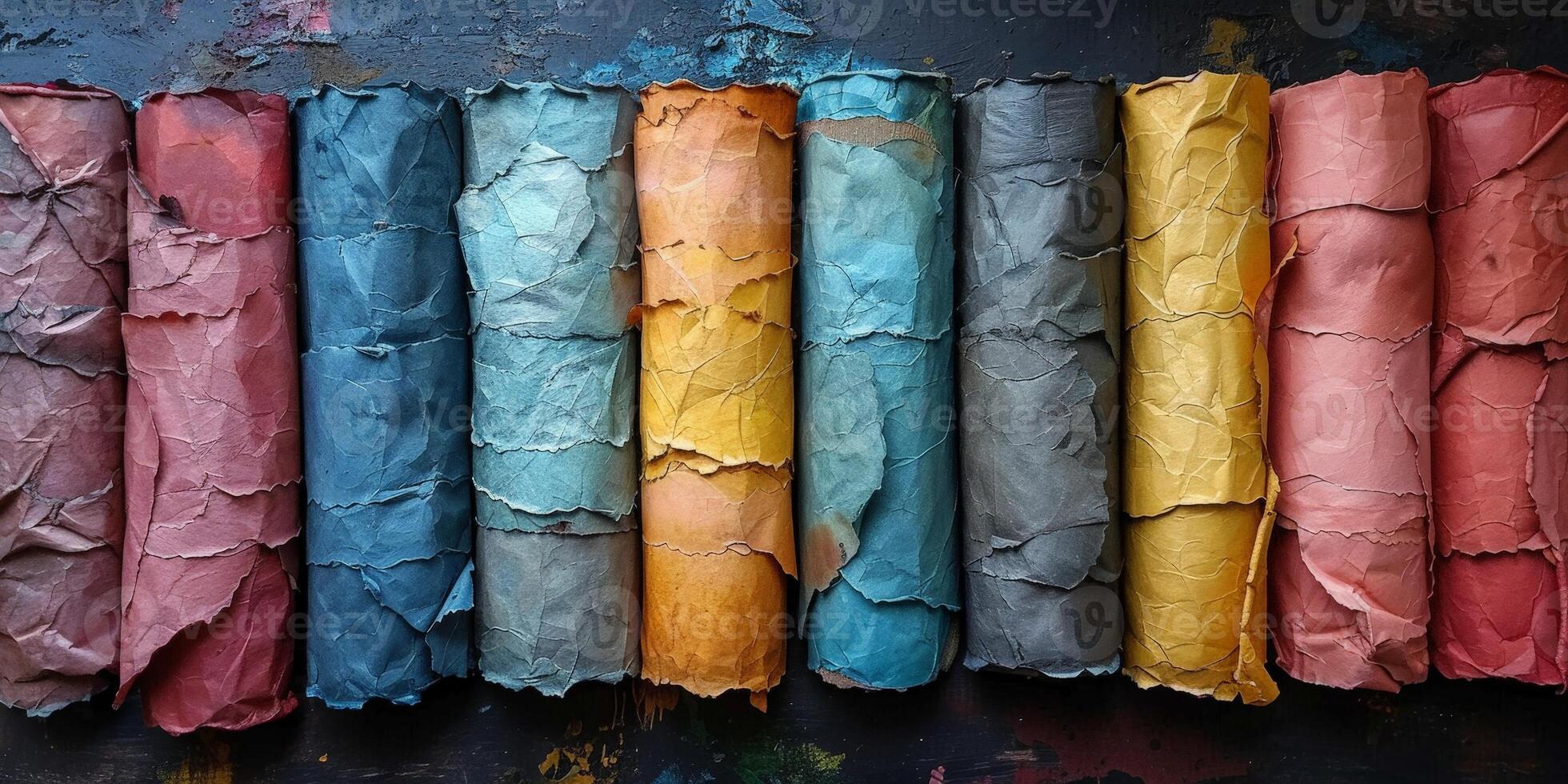 A row of colorful paper rolls is neatly arranged in a line photo