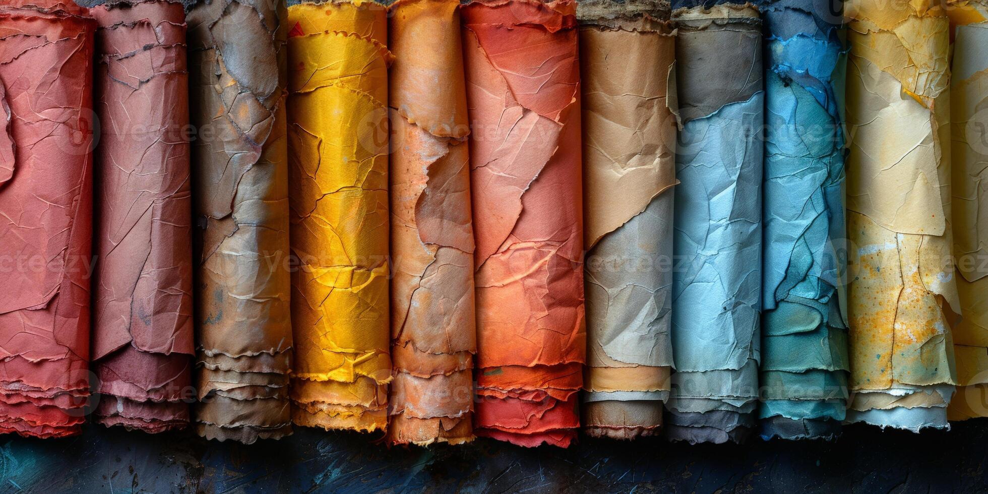 A row of crayons in various colors are neatly arranged on a surface photo