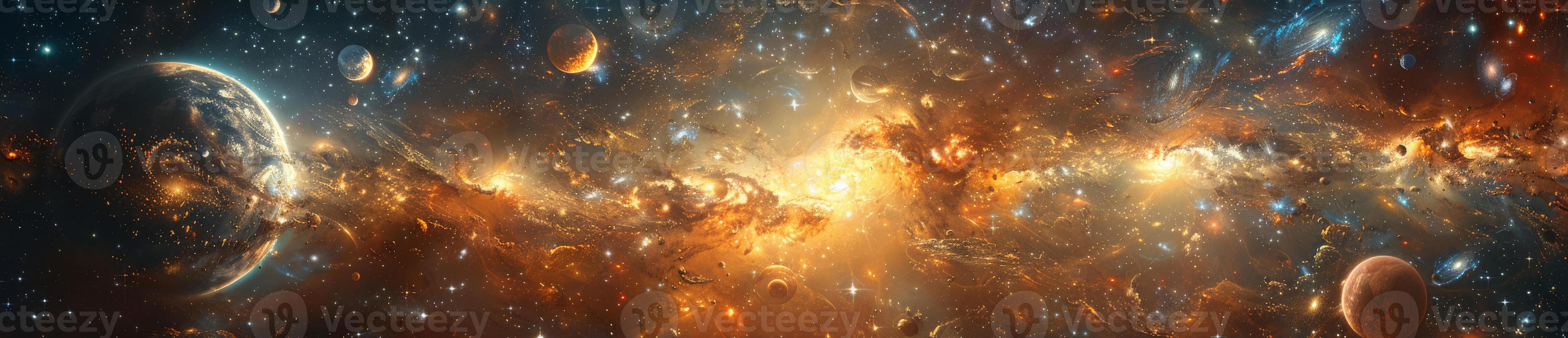 A painting depicting a galaxy with various planets and stars in the sky photo