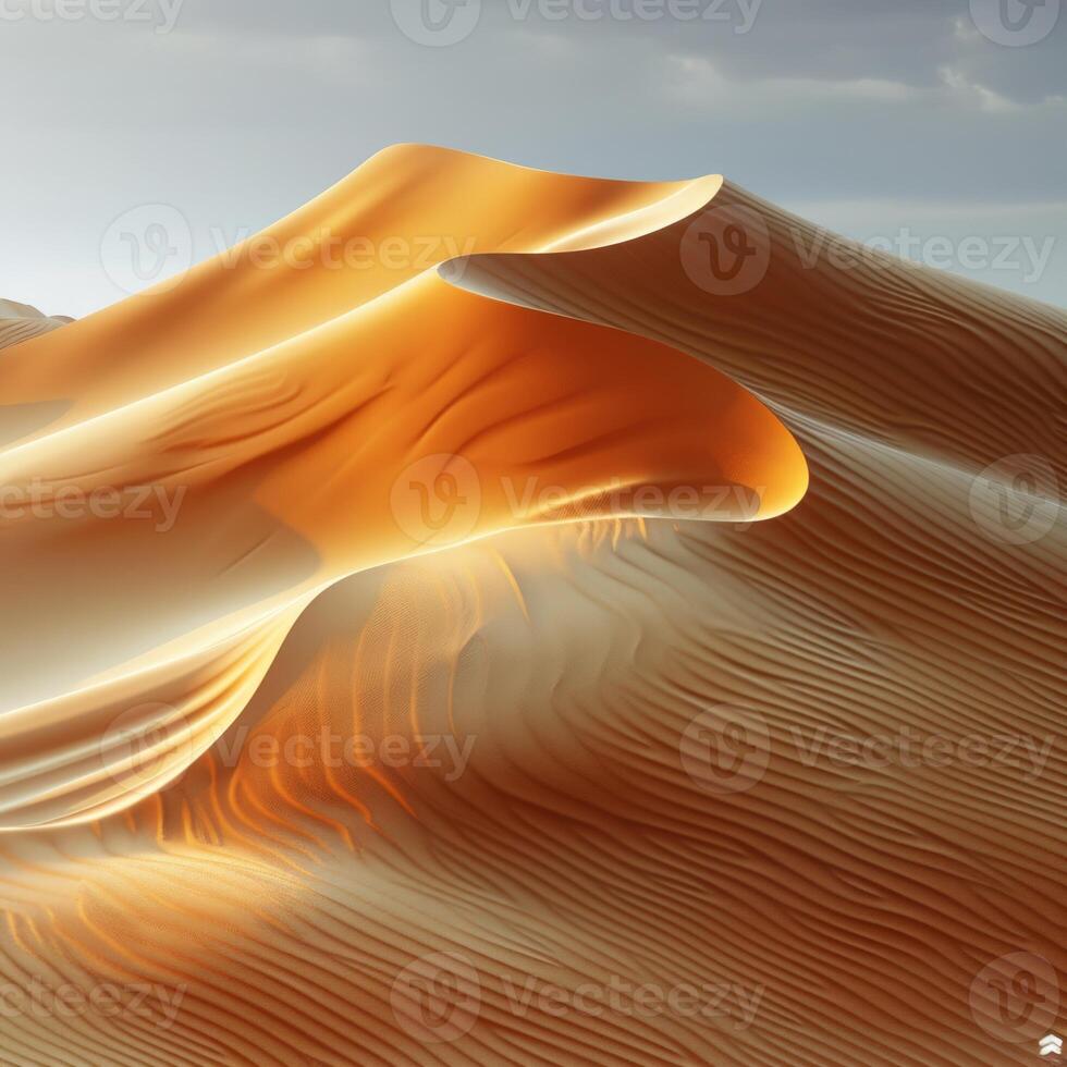 The sun shines on a sand dune in the desert under a clear sky photo