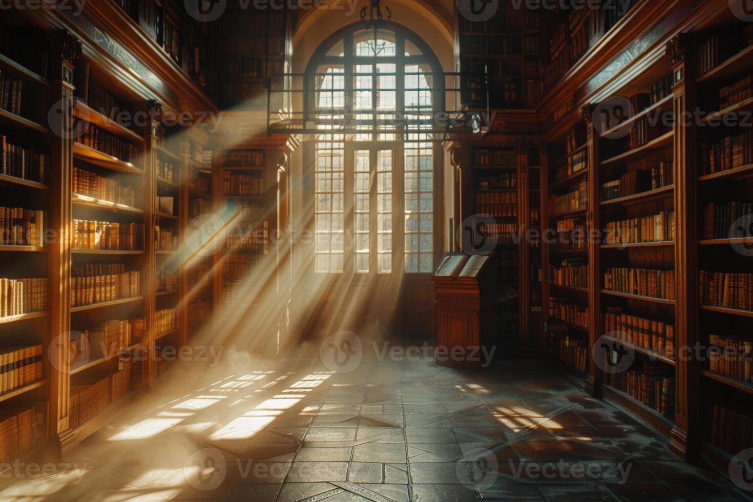 The sun shines through a window in a library full of books photo