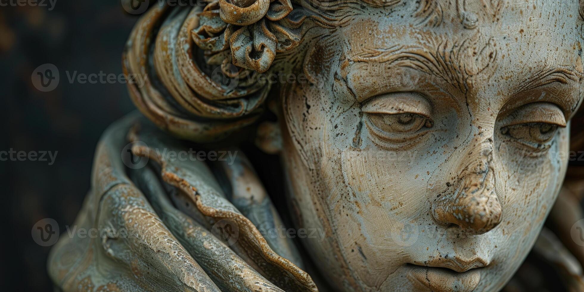 A close up of a statue of a woman with her eyes closed and a serene expression photo