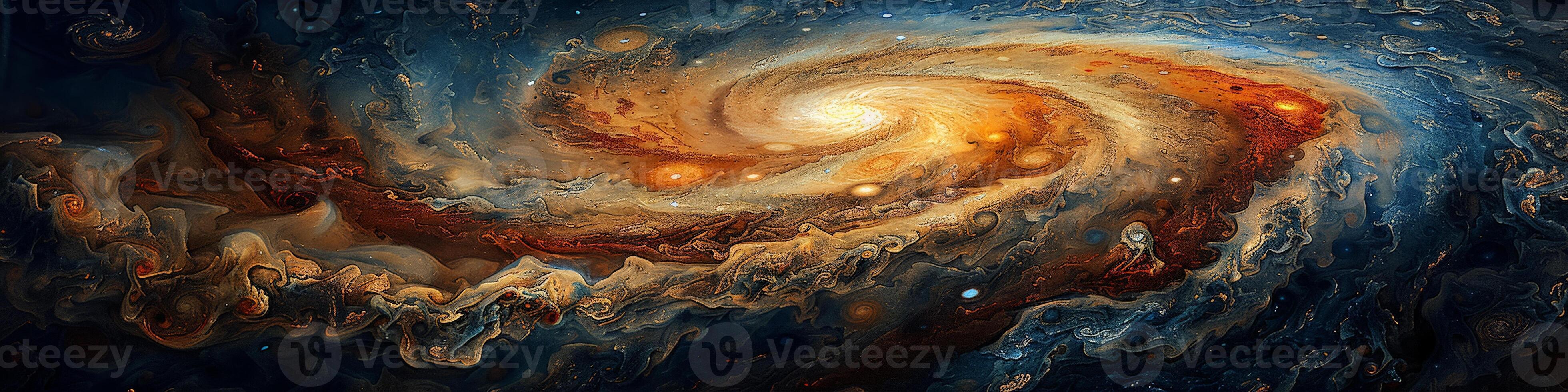 The painting depicts a spiral galaxy floating in outer space photo