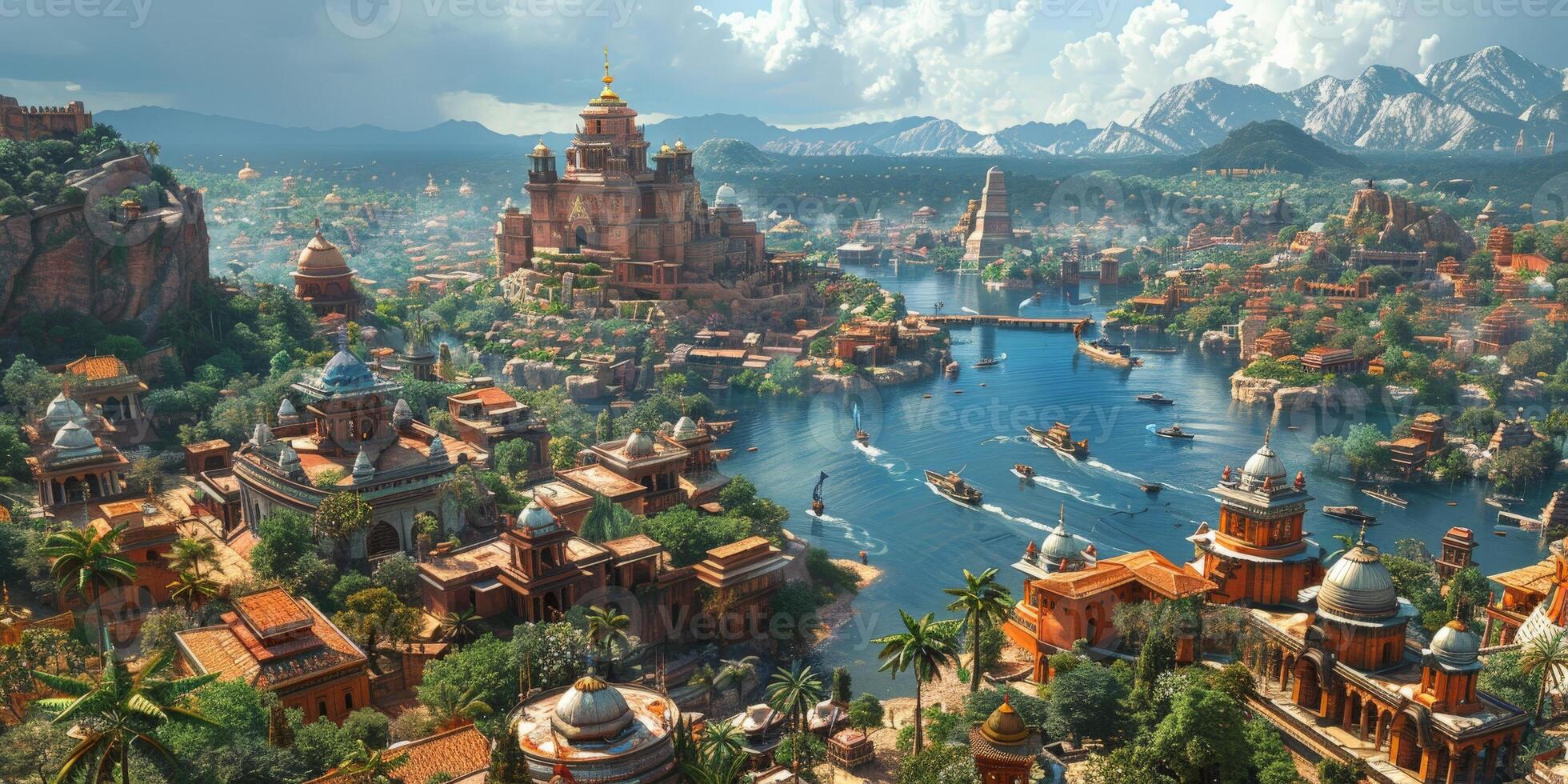 A city surrounded by water, mountains, and natural landscape under the sky photo