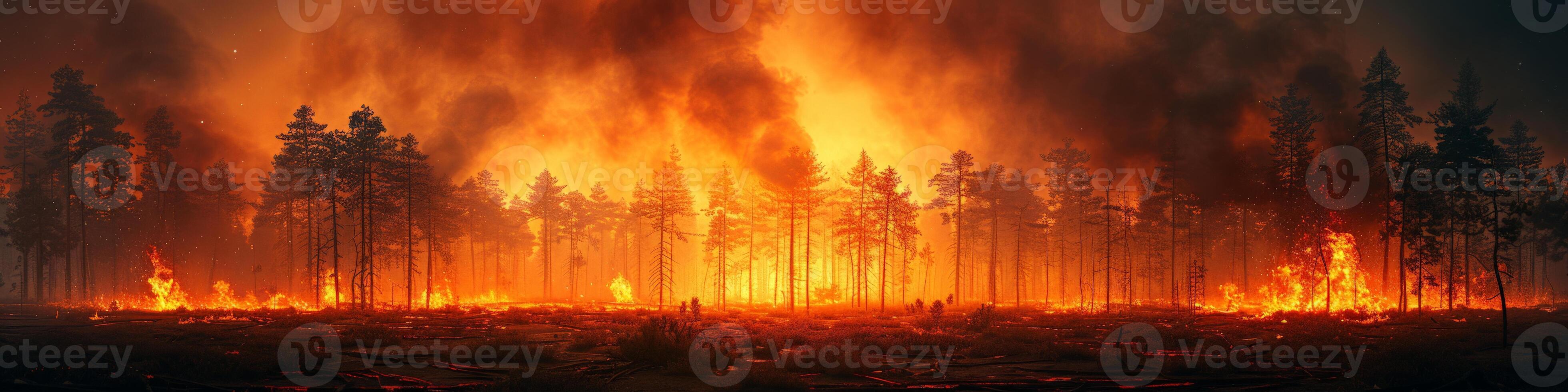 A forest wildfire blazes at night, causing destruction and danger in the natural environment photo