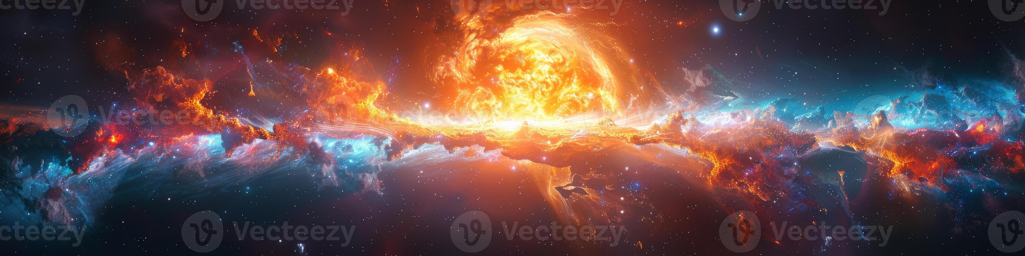 Experience a breathtaking cosmic explosion in space with nebulae and stars in the background photo