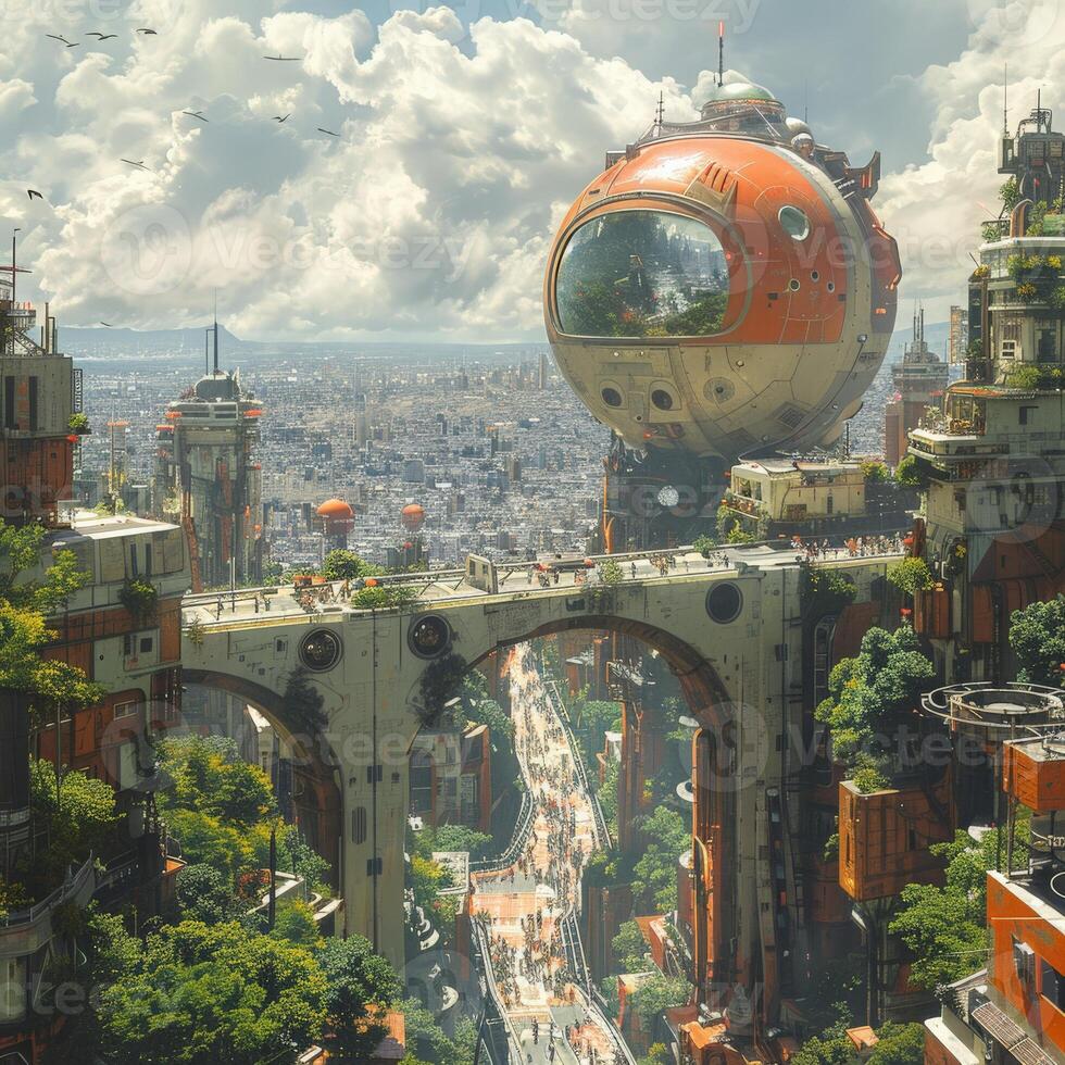 A futuristic city with a large sphere in the middle photo