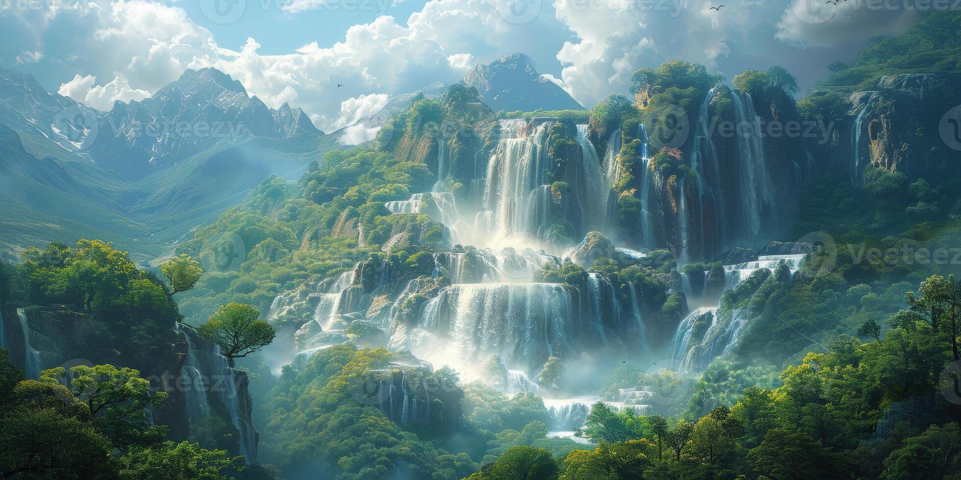 Beautiful waterfall surrounded by trees with majestic mountains in the backdrop photo