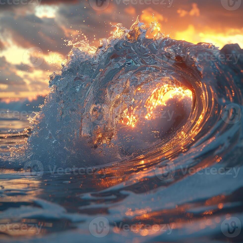 The ocean wave is crashing as the sun sets on the horizon photo