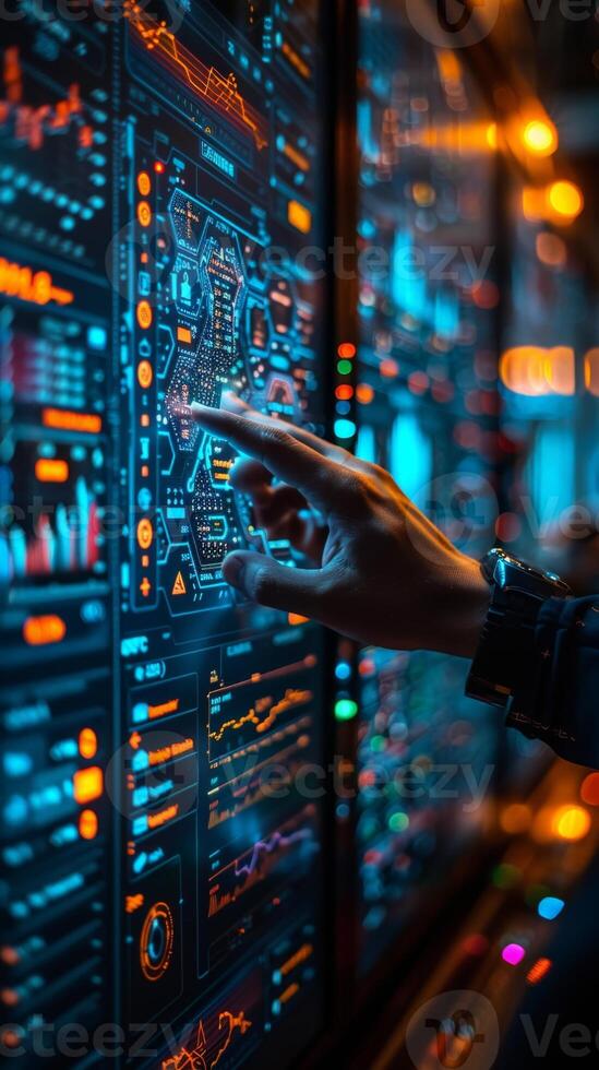 Hand pointing at computer screen with technology and engineering keywords photo