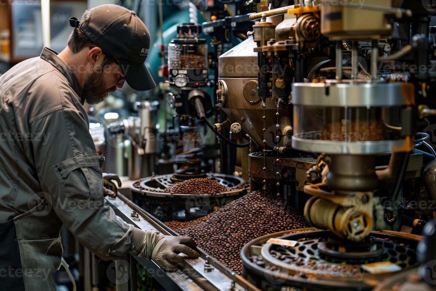 A man wearing a hat is busy working on a machine at an industrial factory photo