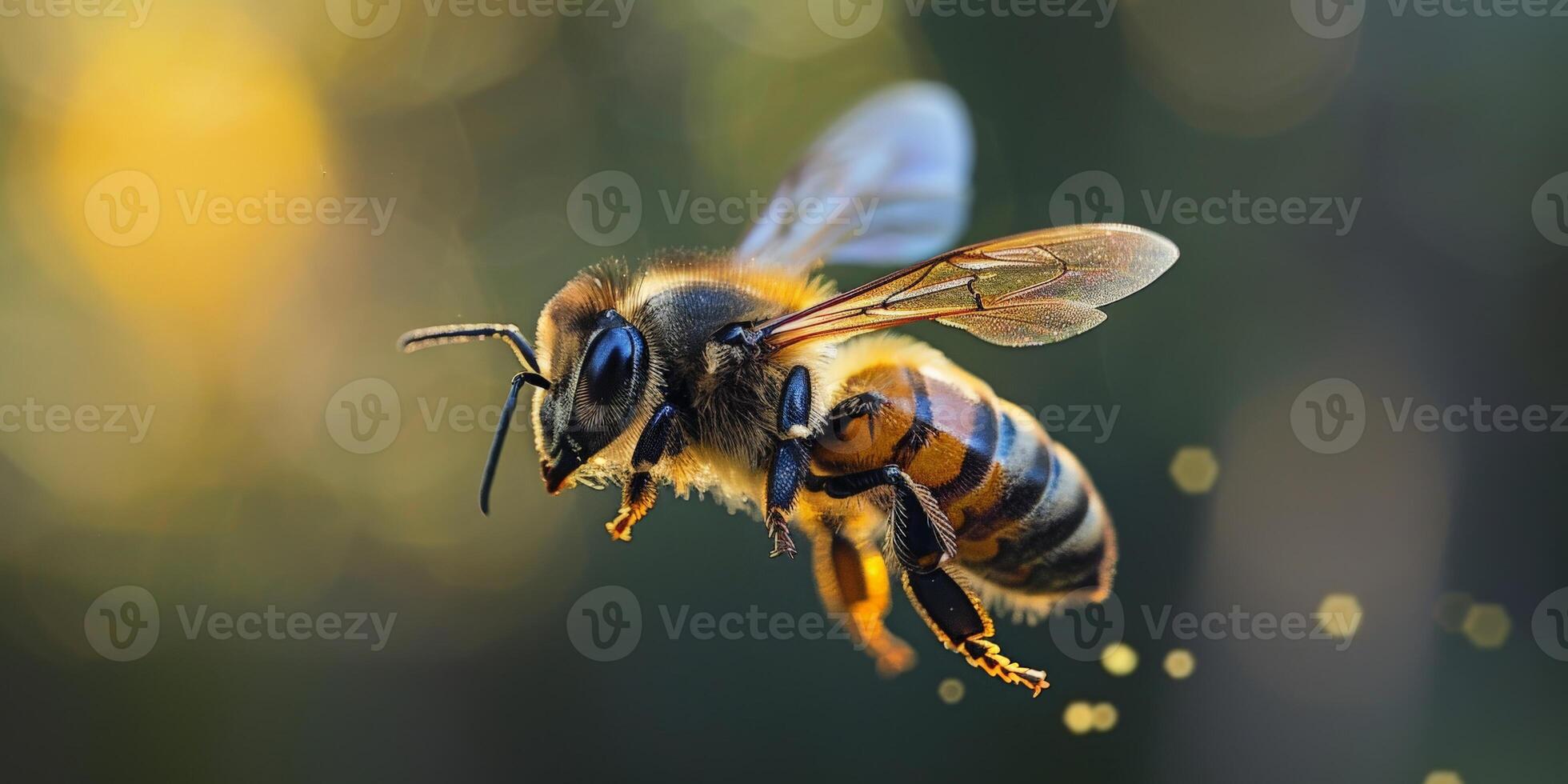A close up of a bee flying, showing its role in pollination and wing structure photo