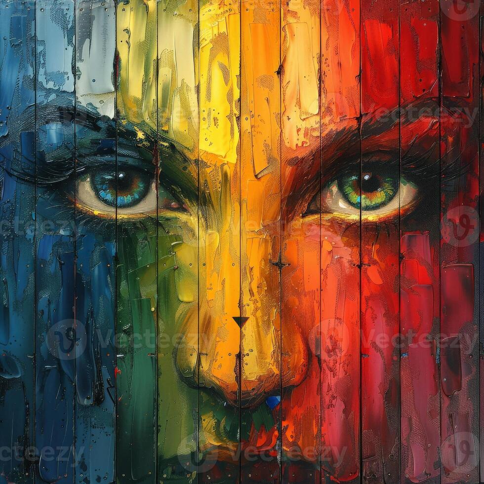 A vibrant portrait of a womans face adorning a wooden surface photo