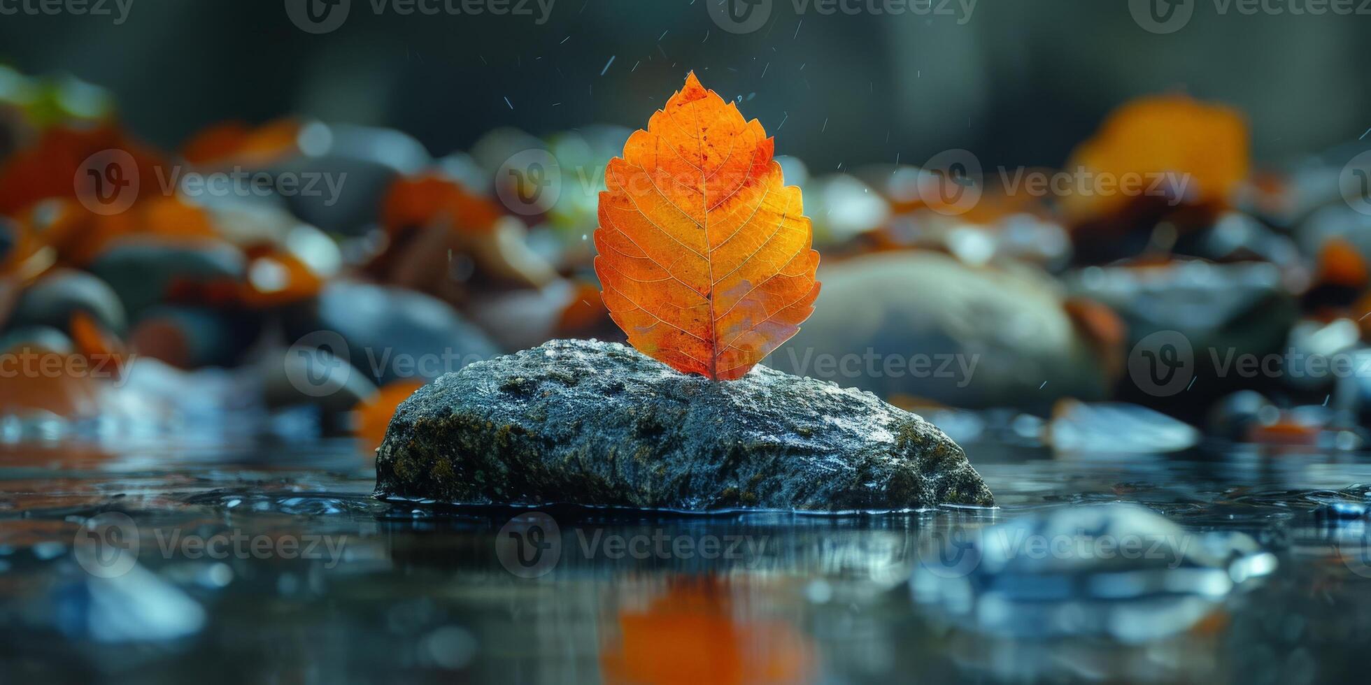 An orange leaf is floating on the surface of a rock in the water photo