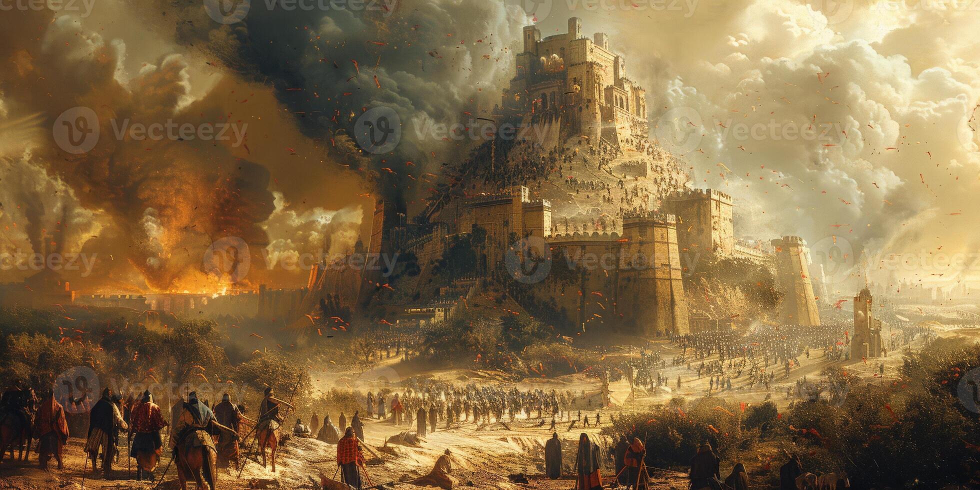 Epic Medieval Siege. Castle Under Attack, Intense Battle Scene, Flames and Smoke Rising photo