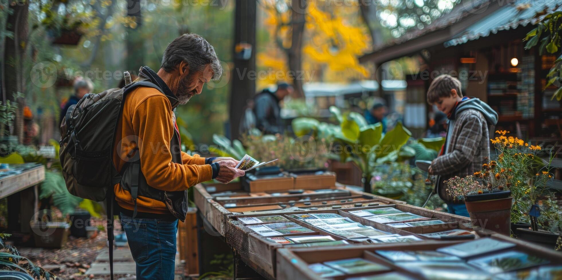 A man with a backpack is looking at a table full of books photo