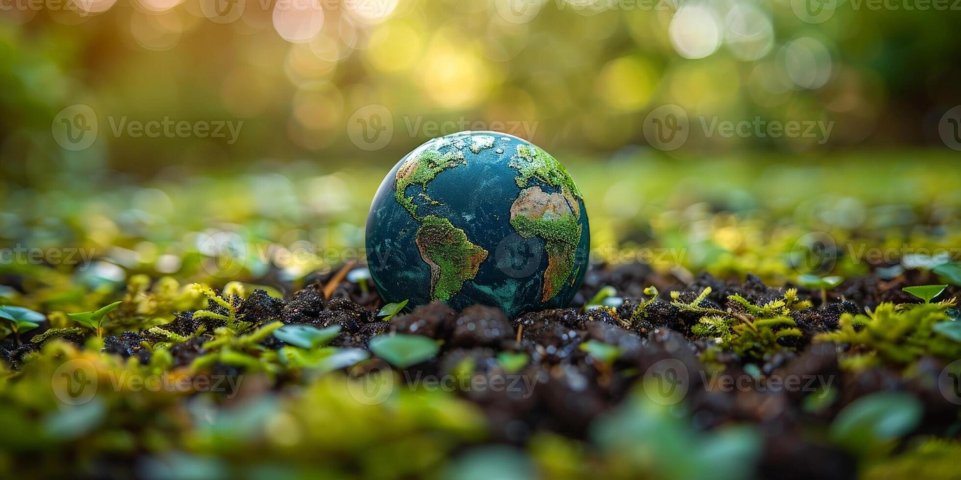 A small globe sits atop a mound of soil in a natural landscape photo