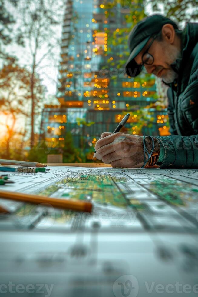 A man writing at a table near water, surrounded by wood, grass, and forest photo