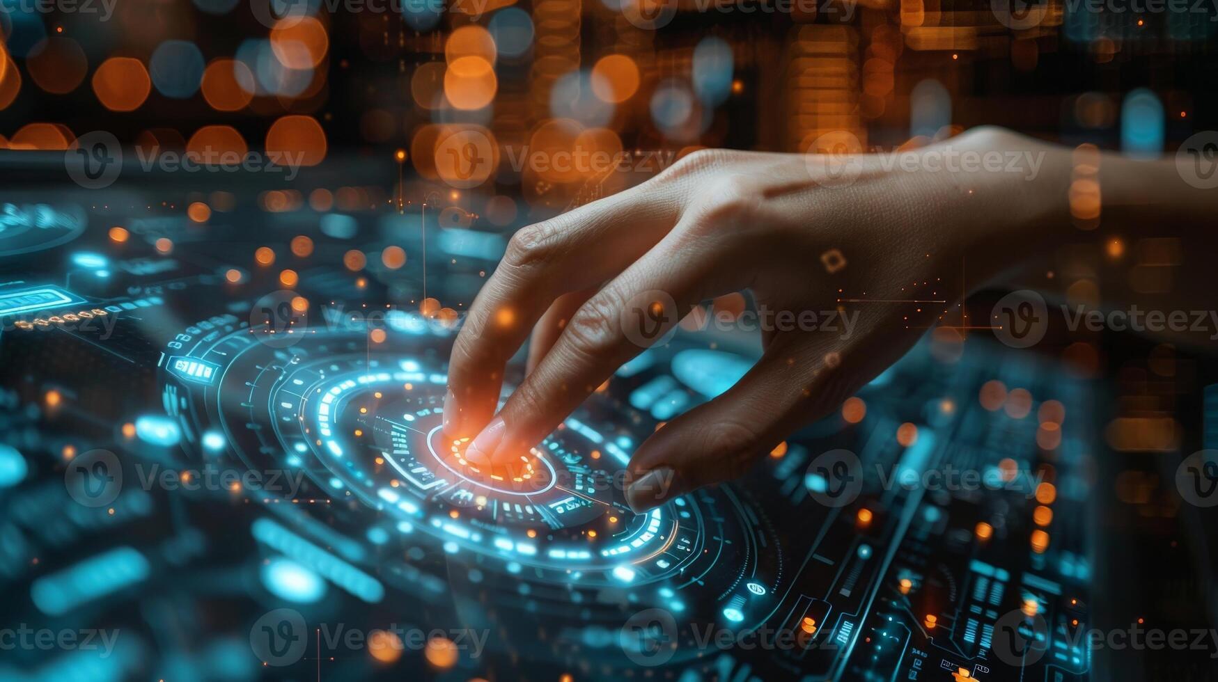 A womans hand pressing a screen button, using futuristic technology photo
