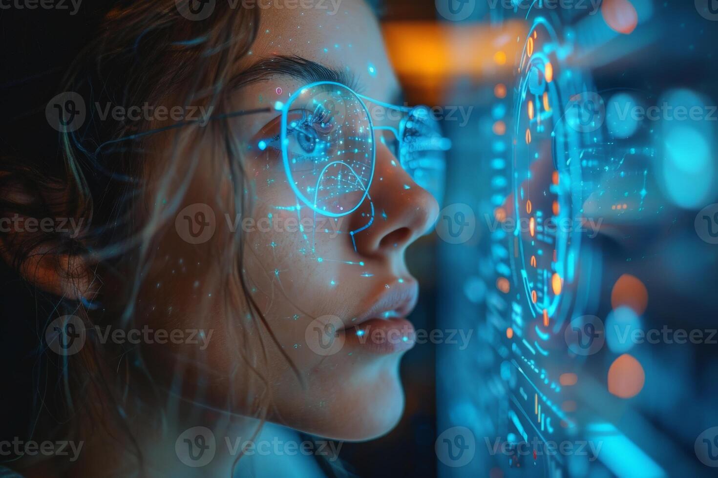 A woman wearing glasses is interacting with an advanced digital interface in a futuristic setting photo