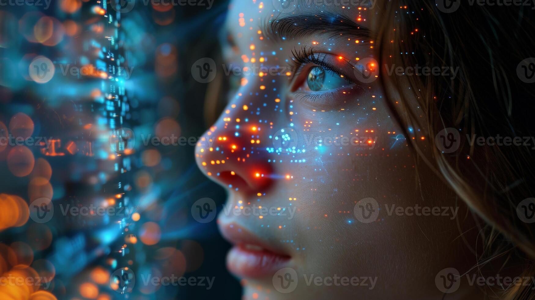 The image shows a womans face up close with glowing dots on it photo