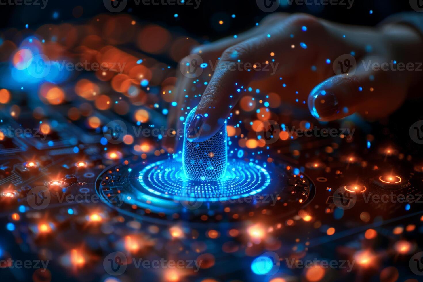 In the image, a person is pushing a button featuring a fingerprint photo