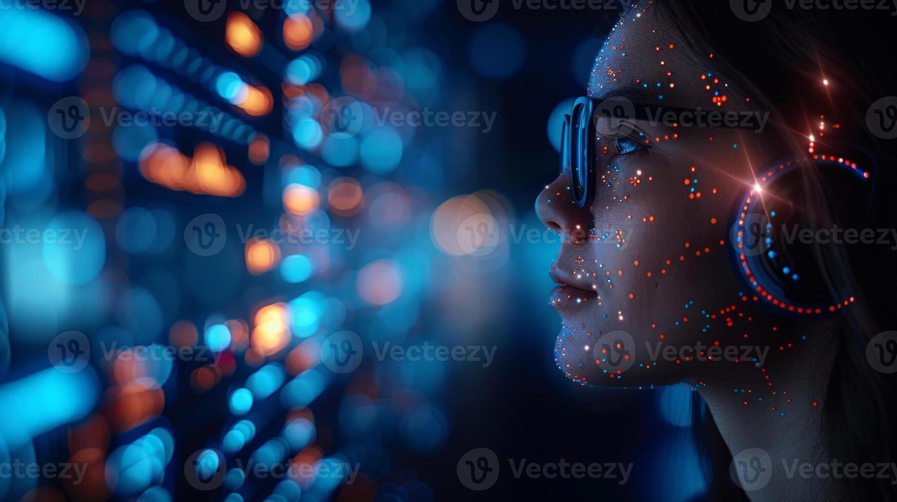 The image shows a woman with glasses and headphones, her face adorned with dots photo