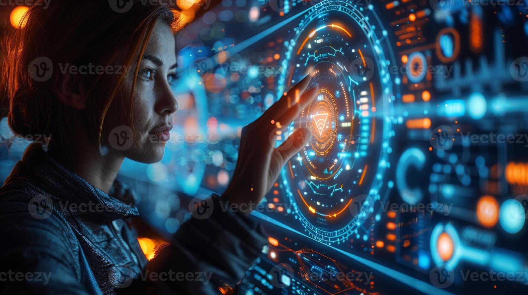 A woman is using her finger to interact with a modern touchscreen display photo