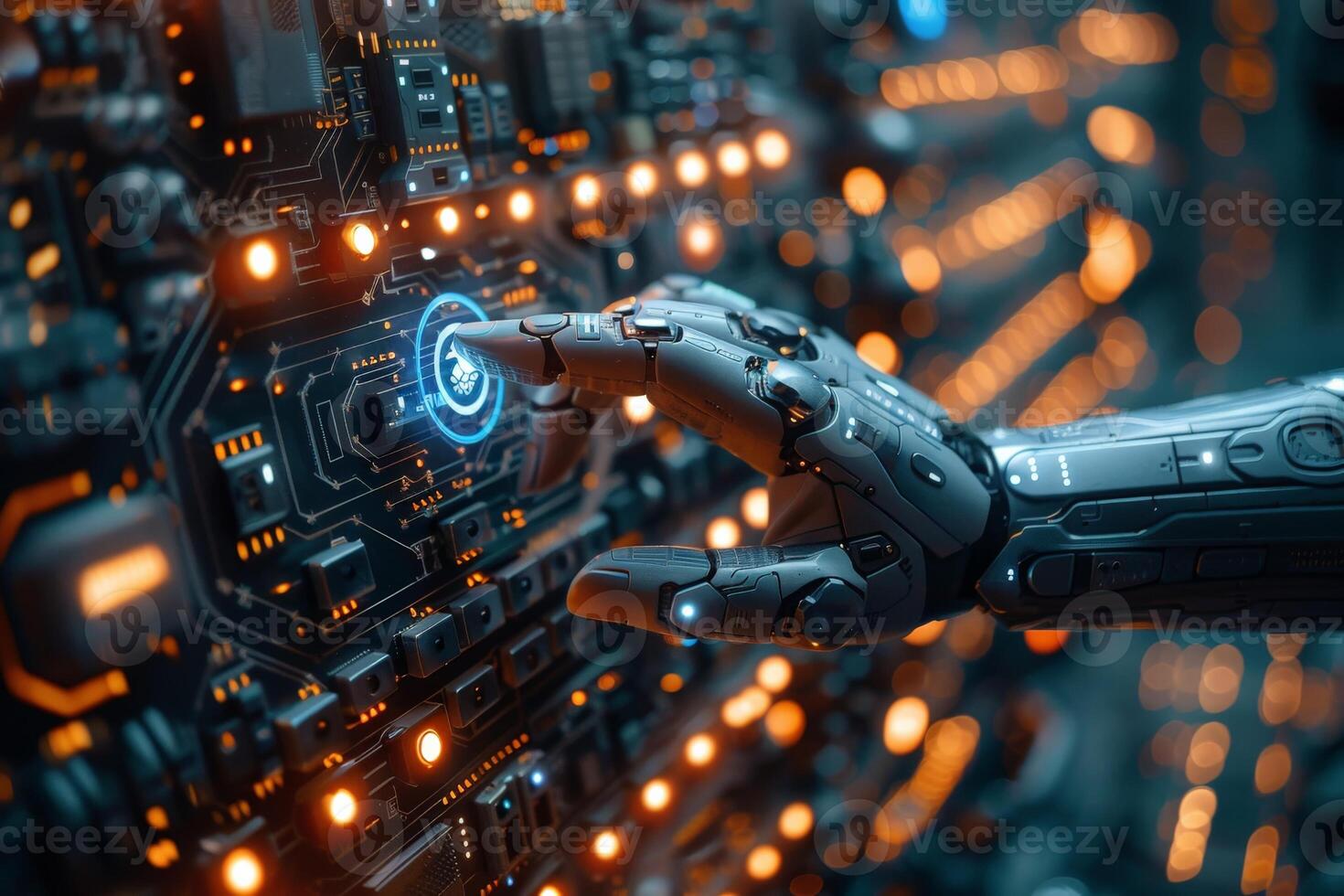 Robotic hand pressing a button on a motherboard in closeup shot photo