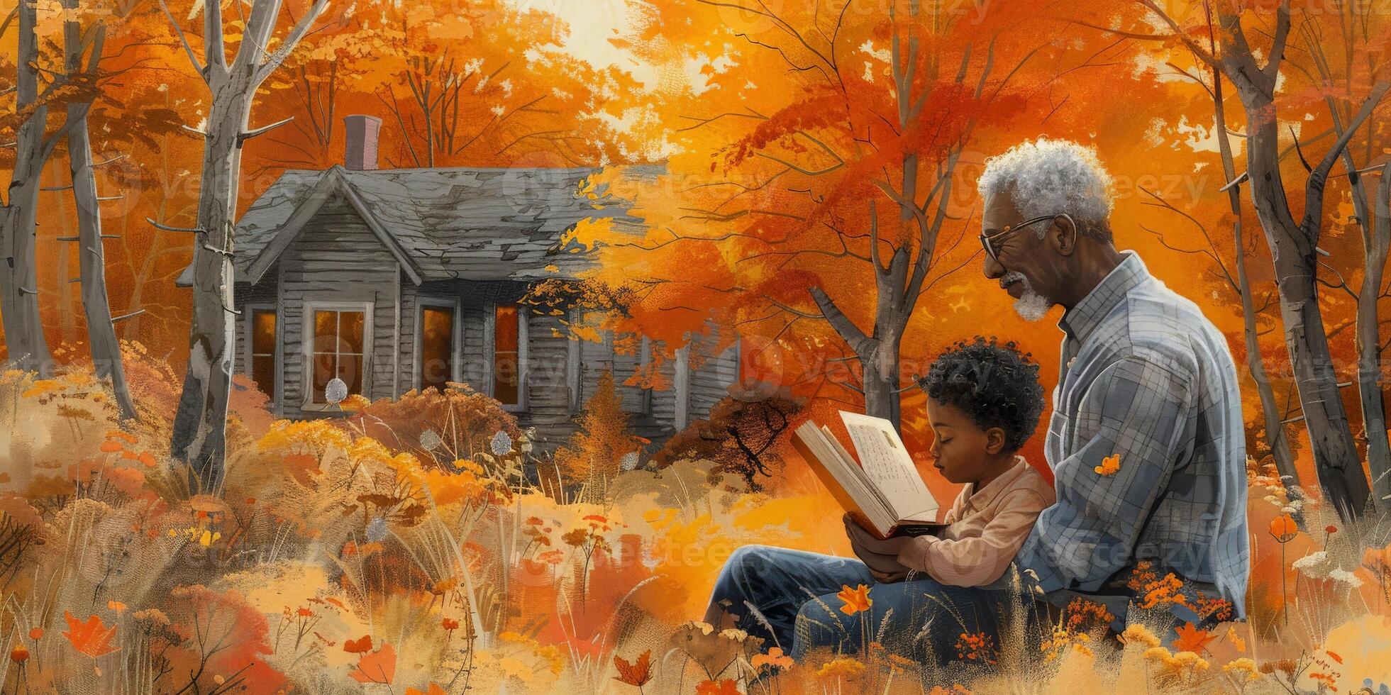 Elderly man reads book to boy in nature with trees and grass photo